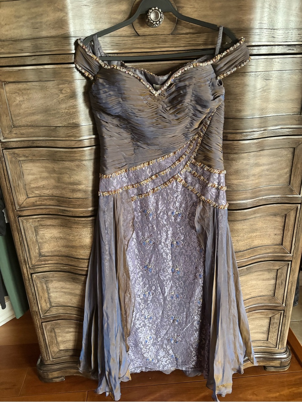 Rina diMontella Off-Shoulder Lavender and Gold Evening Gown (length was altered)